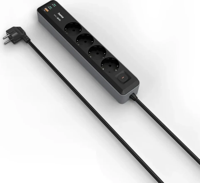 Hama Steckdosenleiste mit Schalter, 4-fach, 1x USB-A/2x USB-C 65W USB-PD, 1.4m, schwarz/grau