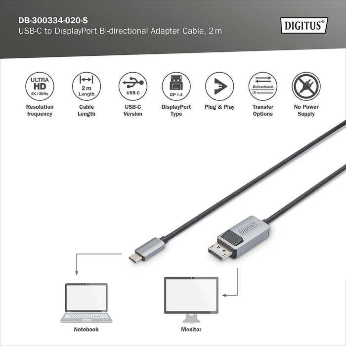 Digitus USB-C [Stecker] auf DisplayPort 1.4 [Stecker] 8K 30Hz Adapterkabel, 2m