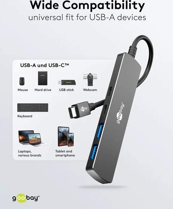 Wentronic goobay Slim 4-Port USB-Hub, 2x USB-C 3.0/2x USB-A 3.0, USB-C 3.0 [Stecker]