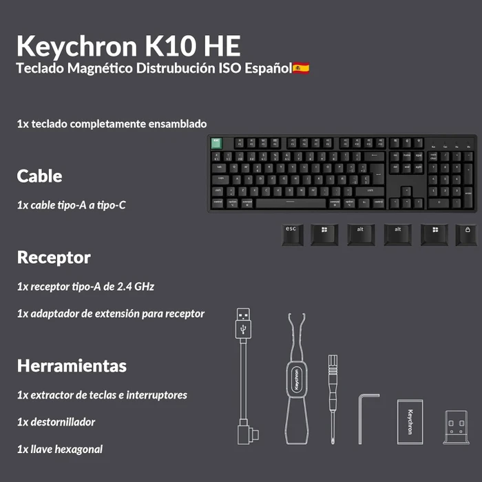 Keychron K10 HE Wireless, schwarz, LEDs RGB, Gateron 2.0 Magnetic Nebula, USB/Bluetooth, ES