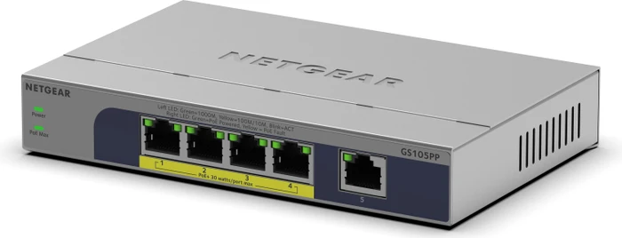 Netgear GS100 Desktop Gigabit Switch, 5x RJ-45, 83W PoE+