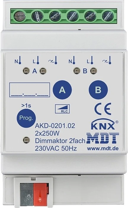 MDT Dimmaktor AKD 2-fach, 3TE REG, 230V/250W und Wirkleistungsmessung