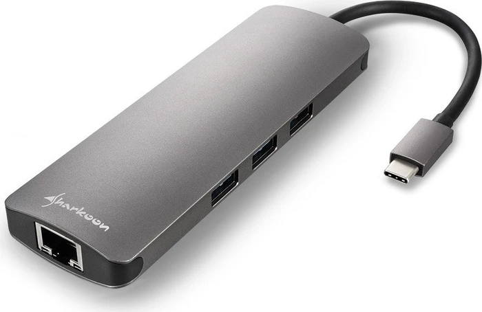 Sharkoon USB 3.0 Type C Combo USB-C auf HDMI/Gb LAN Multiport Adapter, dunkelgrau