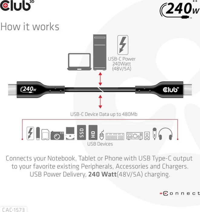 Club 3D USB-C 2.0 Kabel, 480Mb/s, 240W PD EPR, USB-C 2.0 Stecker auf USB-C 2.0 Stecker, 2m