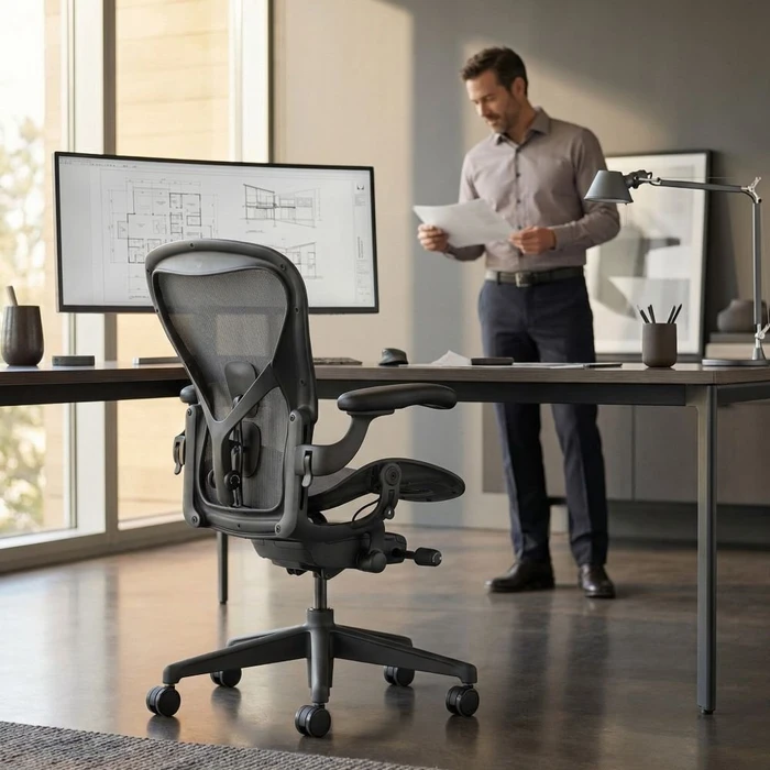 Herman Miller Aeron remastered Bürostuhl, Graphite grau, Größe C, Armlehnen Vinyl, Fußkreuz/Mechanik Kunststoff schwarz