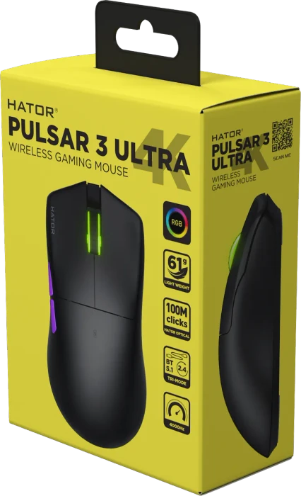 Hator Pulsar 3 Ultra 4K Wireless Gaming Mouse schwarz, USB/Bluetooth