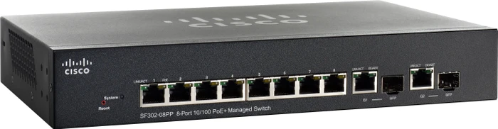 Cisco SF300 Desktop Managed Switch, 8x RJ-45, 2x RJ-45/SFP, 62W PoE+