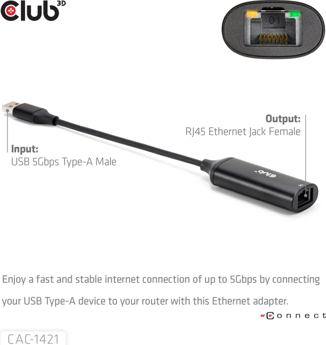 Club 3D CAC-1421, 5G LAN-Adapter, RJ-45, USB-A 3.0 [Stecker]