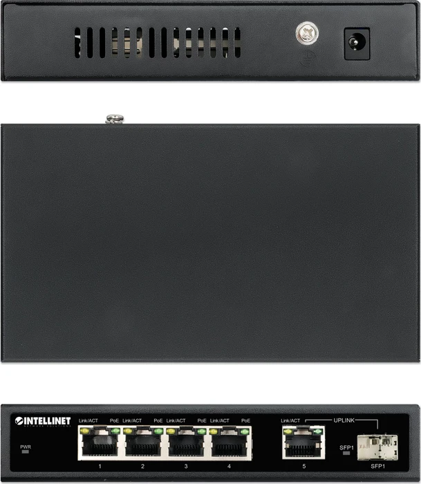 Intellinet Desktop Gigabit Switch, 5x RJ-45, 1x SFP, 91W PoE+