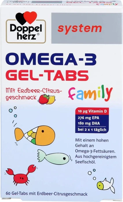 Doppelherz system Omega 3 Gel-Tabs Family Weichkapseln Erdbeer-Citrus-Geschmack, 60 Stück