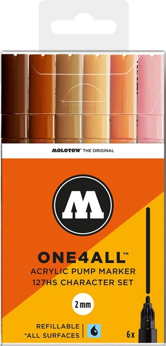 Molotow ONE4ALL 127HS 2mm Acrylmarker Character-Set sortiert, 6er-Set, Etui