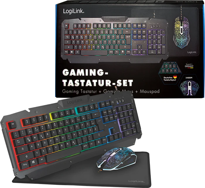 LogiLink Gaming-Tastatur-Set, beleuchtete Tastatur, beleuchtete Maus und Mauspad, USB, DE