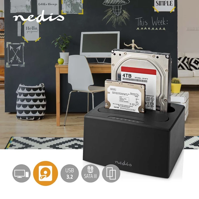Nedis Dual Bay HDD Docking Station, 2x 2.5"/3.5", USB-B 3.0
