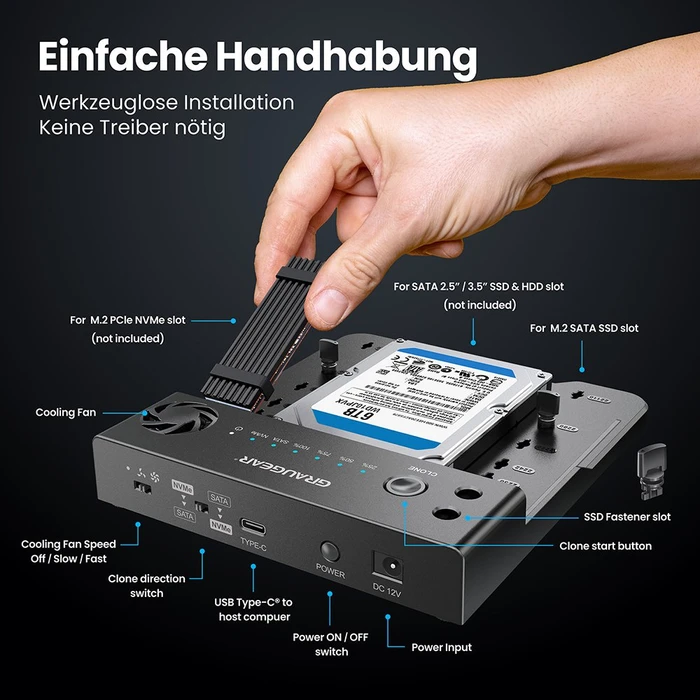 Graugear Bidirektionale Klonstation M.2/2.5"/3.5", Standalone