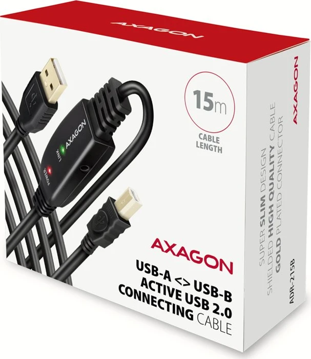 Axagon USB Adapterkabel, USB 2.0, 480Mb/s, USB-A 2.0 [Stecker] auf USB-B 2.0 [Stecker], aktiv, Adapterkabel, 20m