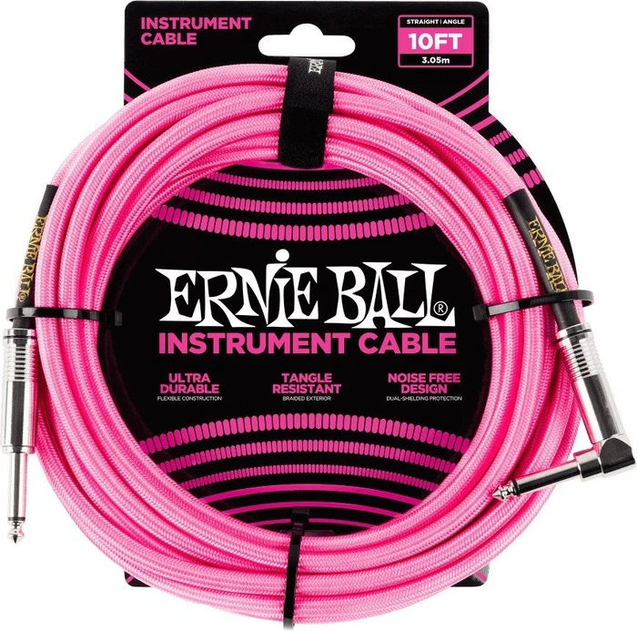 Ernie Ball 10' Braided Straight/Angle Instrument Cable Neon Pink