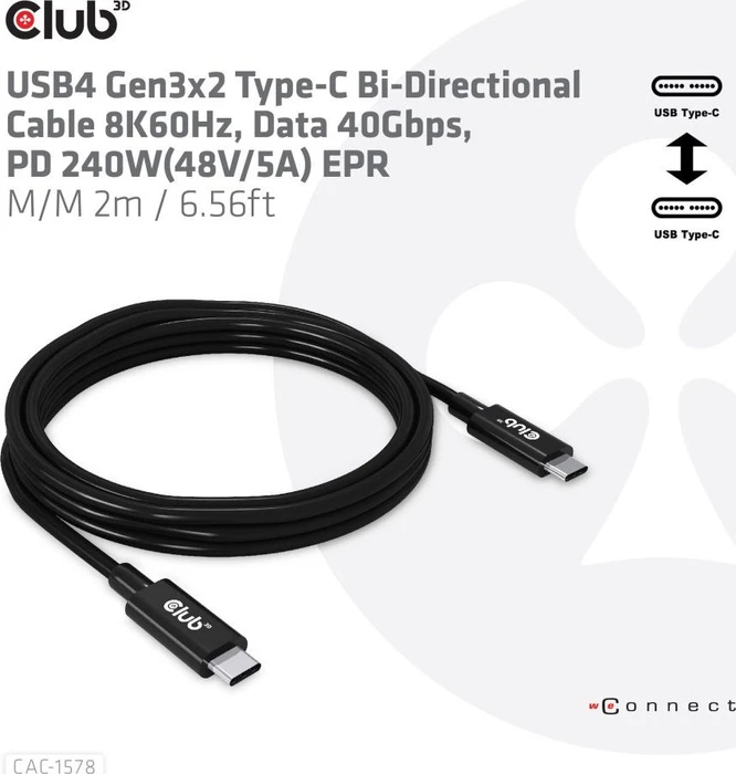 Club 3D USB4 Kabel, USB4 Gen3x2, 40Gb/s, 8K60Hz, 240W PD EPR, USB-C Stecker auf USB-C Stecker, 2m