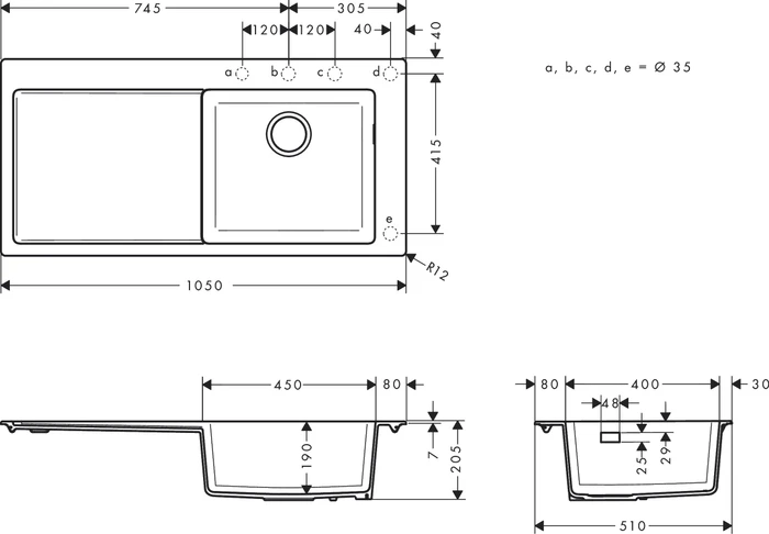 Hansgrohe S51 S514-F450 450 Einbau Becken rechts graphitschwarz