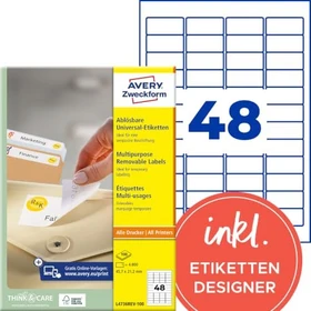 Avery-Zweckform Etiketten, 45.7x21.2mm, ablösbar, weiß, 100 Blatt (4800 Etiketten)