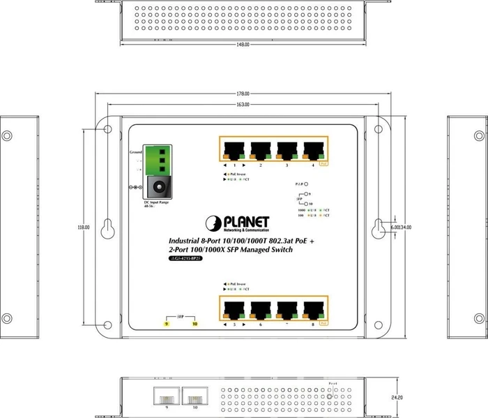 Planet WGS-4215-8P2S Industrial Wallmount Gigabit Managed Switch, 8x RJ-45, 2x SFP, 200W PoE+