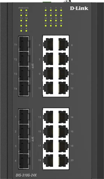 D-Link DIS-310G Industrial Railmount Gigabit Managed Switch, 24x RJ-45, 4x SFP, 4x SFP+