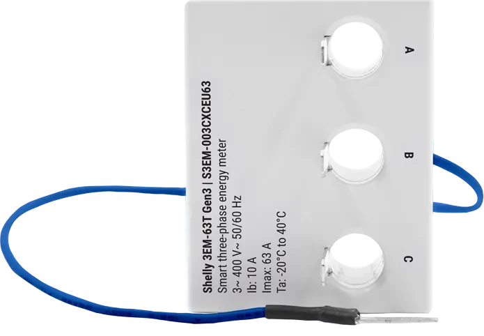 Shelly 3EM-63T Gen3, DIN-Schienen-Stromverbrauchsmessgerät, 3-Phasen, 63A, Strommesssensor