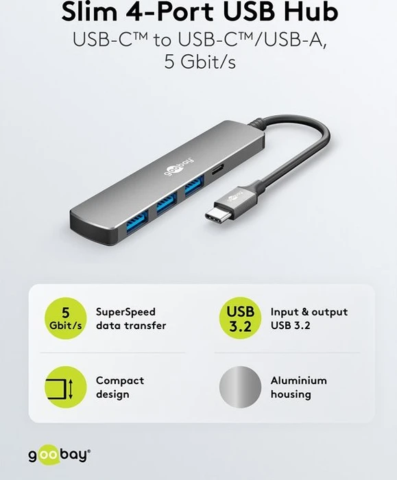 Wentronic goobay Slim 4-Port USB-Hub, 1x USB-C 3.0/3x USB-A 3.0, USB-C 3.0 [Stecker]