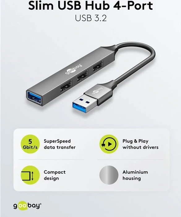 Wentronic goobay Slim 4-Port USB-Hub, 1x USB-A 3.0/3x USB-A 2.0, USB-A 3.0 [Stecker]