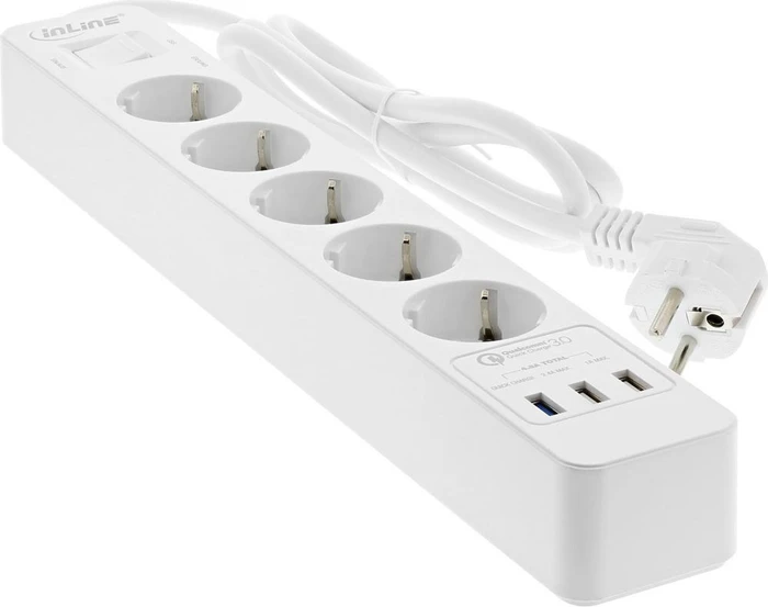 InLine Steckdosenleiste, 3x USB, Überspannungsschutz, Quick Charge, 5-fach, 1.5m, weiß