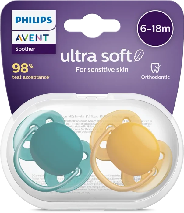 Philips Avent SCF091/04 ultra soft Beruhigungsschnuller, 6-18M, Silikon, grün/gelb, 2 Stück