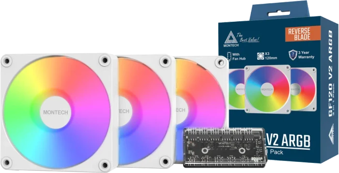 Montech GF120R V2 ARGB, weiß, Lüftersteuerung, 120mm, 3er-Pack