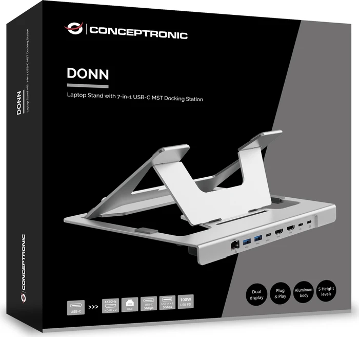 Conceptronic DONN35S Laptop-Ständer mit 7-in-1 Dockingstation, USB-C 3.0 [Buchse]
