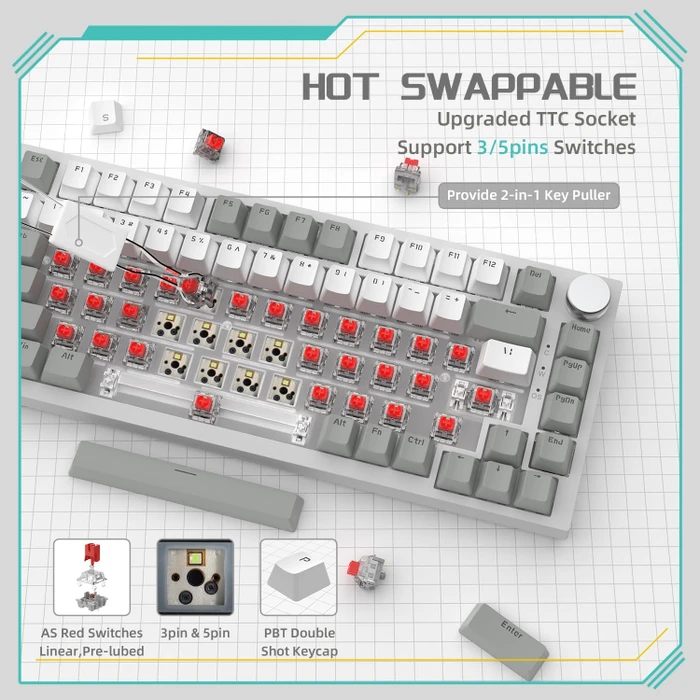 Ajazz AK820, Grey & White, LEDs weiß, hot-swap, AS RED, USB, US