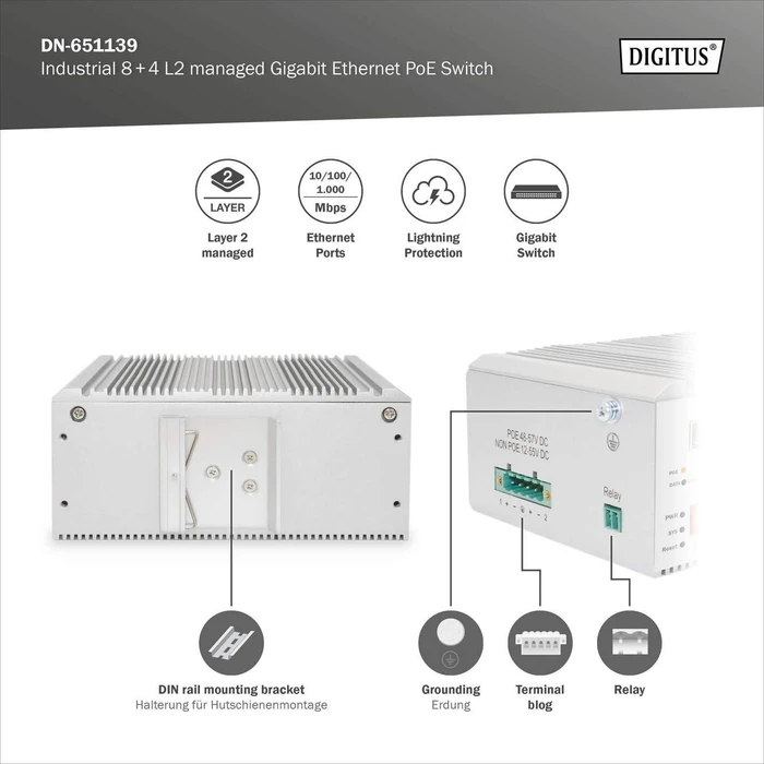 Digitus DN-65 Industrial Railmount Gigabit Managed Switch, 8x RJ-45, 4x RJ-45/SFP, 185W PoE+