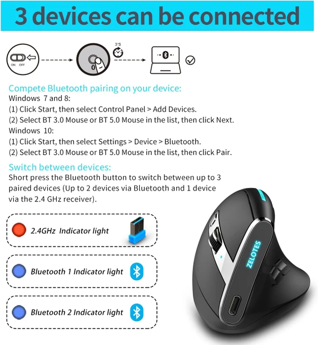 Zelotes F-36 Vertical Dual-Mode Wireless Mouse, schwarz, USB/Bluetooth