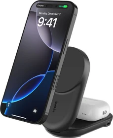 Belkin UltraCharge faltbare magnetische 2-in-1-Ladestation mit Qi2 (25W) rund schwarz (WIZ039kqBK)