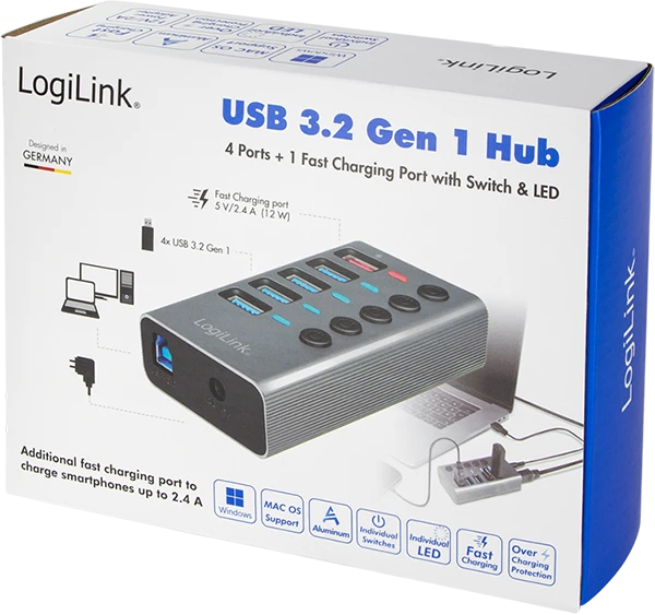 LogiLink USB-Hub mit Ladeanschluss, 4x USB-A 3.0, USB-B 3.0 [Buchse]