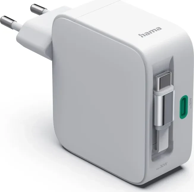 Hama Schnellladegerät GaN ausziehbares Ladekabel PD 30W weiß