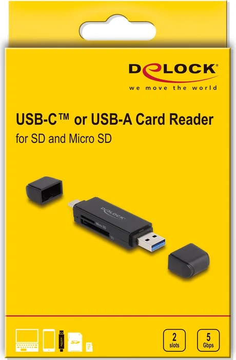 DeLOCK USB-A/USB-C Card Reader für SD und Micro SD Speicherkarten, USB-A/USB-C 3.0 [Stecker]