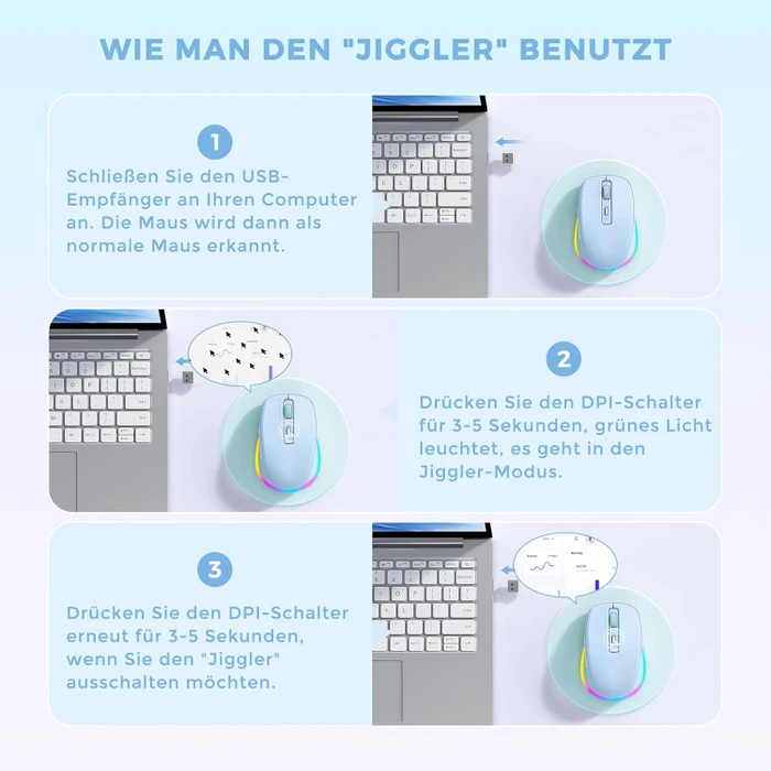 Seenda Rechargeable Wireless RGB Mouse mit Jiggler-Funktion, hellblau, USB