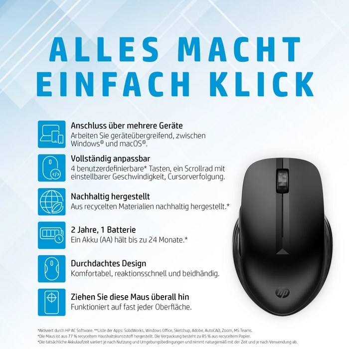 HP 435 Multi-Device Wireless Mouse schwarz, USB/Bluetooth