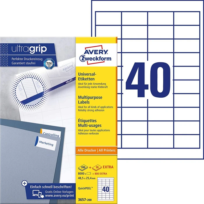 Avery-Zweckform Etiketten, 48.5x25.4mm, weiß, 200 Blatt (8000 Etiketten) (3657-200)