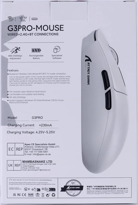 Attack Shark G3Pro Tri-mode Wireless Gaming Mouse mit Ladestation, Black, USB/Bluetooth