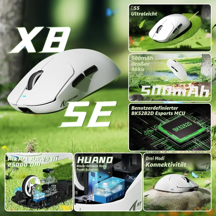 Attack Shark X8 SE Tri-mode Wireless Gaming Mouse, weiß, USB/Bluetooth