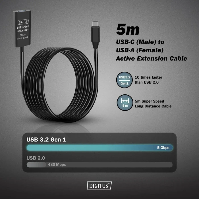 Digitus USB 3.0 aktives Verlängerungskabel, USB-C [Stecker] auf USB-A [Buchse], 5m schwarz
