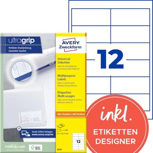 Avery-Zweckform Etiketten, 97x42.3mm, weiß, 100 Blatt (1200 Etiketten)