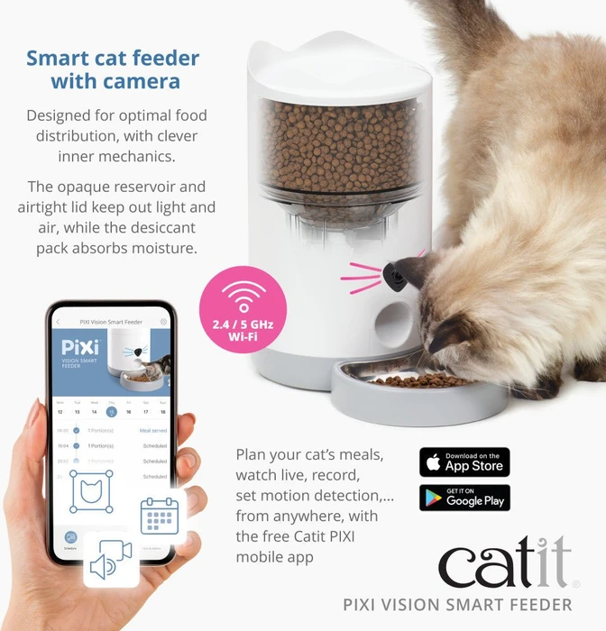 Catit PIXI Vision Smart-Futterautomat für Trockenfutter mit Kamera, WLAN, Kamera, 2.9l, weiß