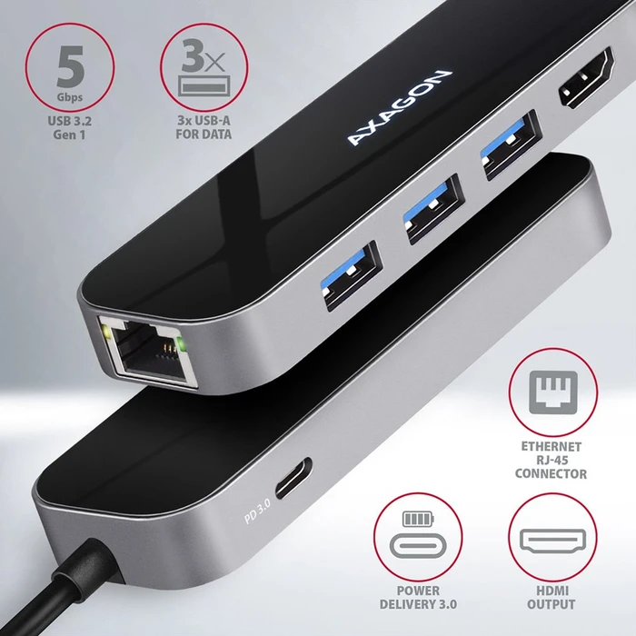 Axagon 6in1 USB-C Combo Hub, USB-C 3.0 [Stecker]
