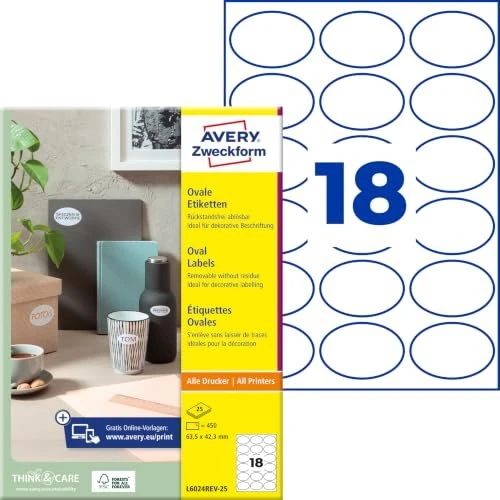 Avery-Zweckform Etiketten, 63.5x42.3mm, ablösbar, weiß, 25 Blatt (450 Etiketten)