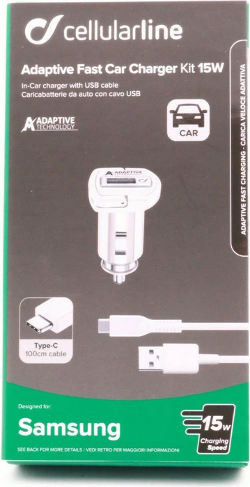 Cellularline Adaptive Fast Car Charger Kit 15W USB-C Samsung weiß